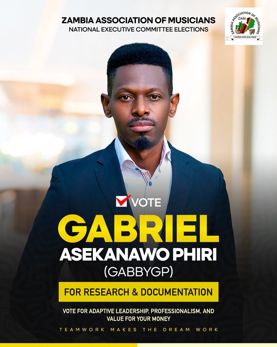 WE ARE RUNNING FOR OFFICE THIS YEAR
The Zambia Association of Musicians will be holding elections for the National Executive Committee and I will be standing for the role of RESEARCH &amp; DOCUMENTATION. 

Election day is 27 February at Lusaka Play House. Thank you for your support!