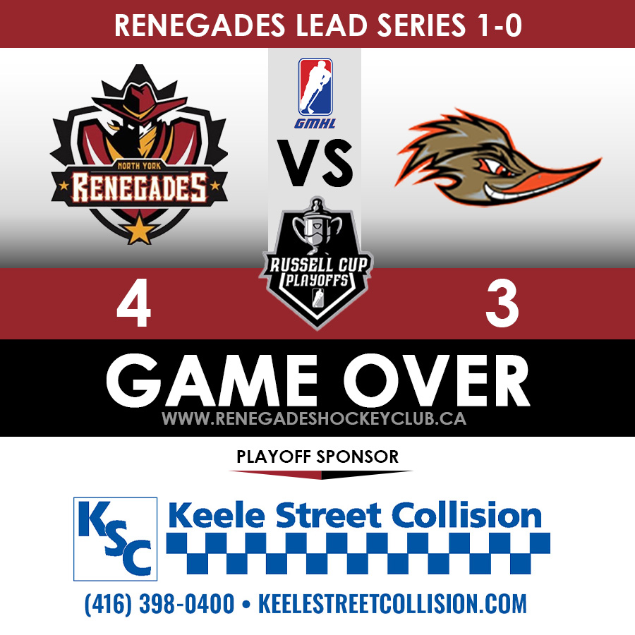 YOUR Renegades win in a shootout after just missing several great chances in overtime!
Damian Bridgett scored the winner and Artemii Gaidukov didn't allow a goal to give North York a 1-0 series lead over <a href="/roadrunnersjra/">Durham Roadrunners Junior A Hockey Club</a> 
#unitedinred #hockey #juniorhockey <a href="/TheGMHL/">GMHL</a>
