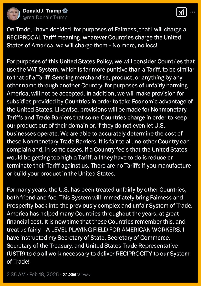 Tóm tắt thông điệp vừa đăng hôm nay của Tổng thống Trump về chính sách thương mại

1. Thuế quan đối ứng

- Mỹ sẽ áp dụng thuế quan đối ứng, nghĩa là bất kỳ quốc gia nào đánh thuế hàng hóa Mỹ sẽ bị áp mức thuế tương tự từ phía Mỹ.

2. Hệ thống thuế