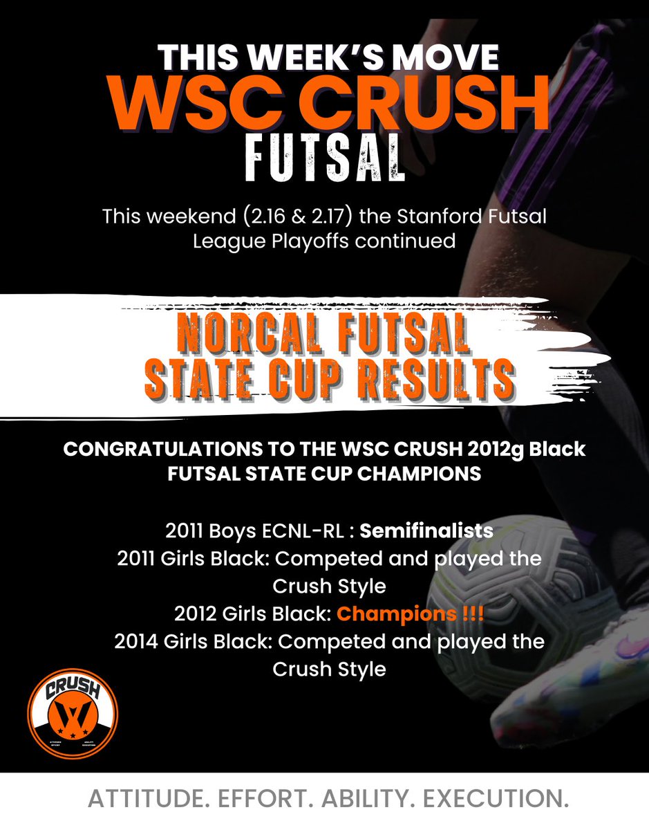 Shout-out to our WSC Crush 2012g Black for winning their division at the <a href="/NorCalPreSoccer/">norcalpresoccer</a> Futsal State Cup !!