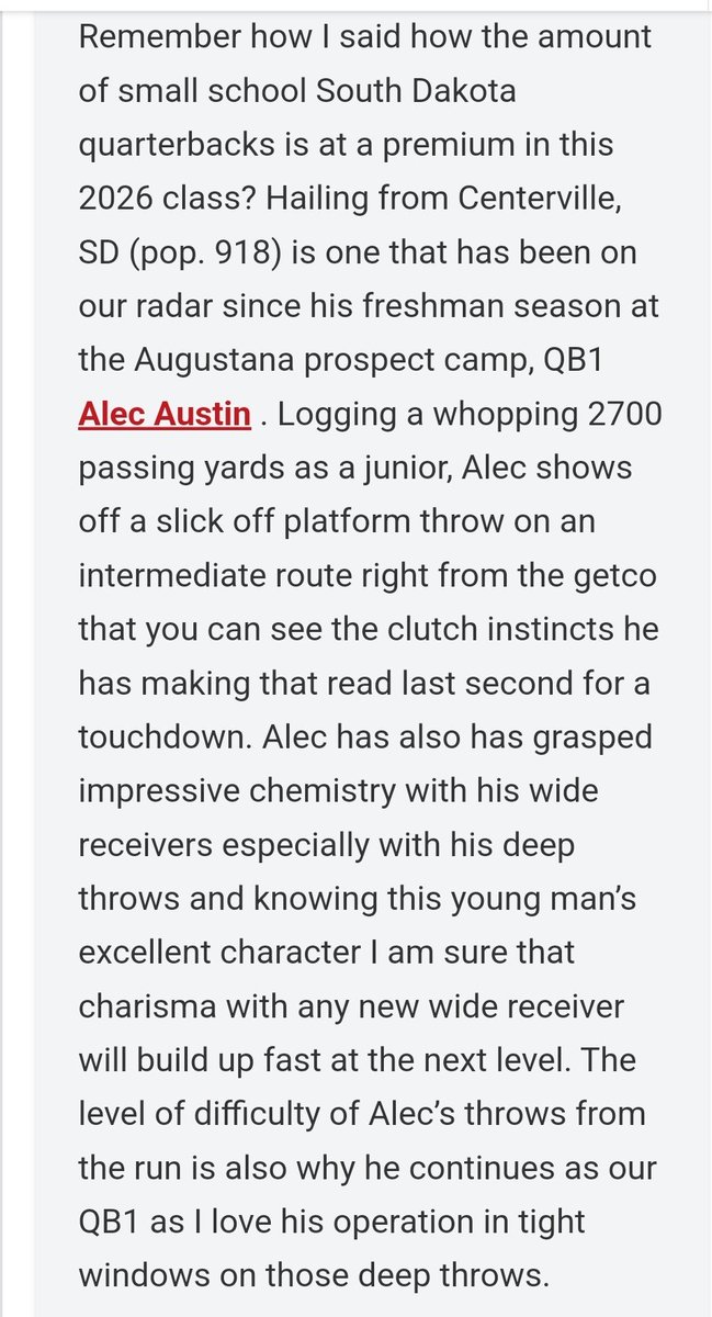 Thank you, <a href="/NWahlScouting/">Nate Wahl</a> and <a href="/PrepRedzoneDAK/">Prep Redzone Dakotas</a>, for the write-up! I love all these small town Qs finally getting recognized💪