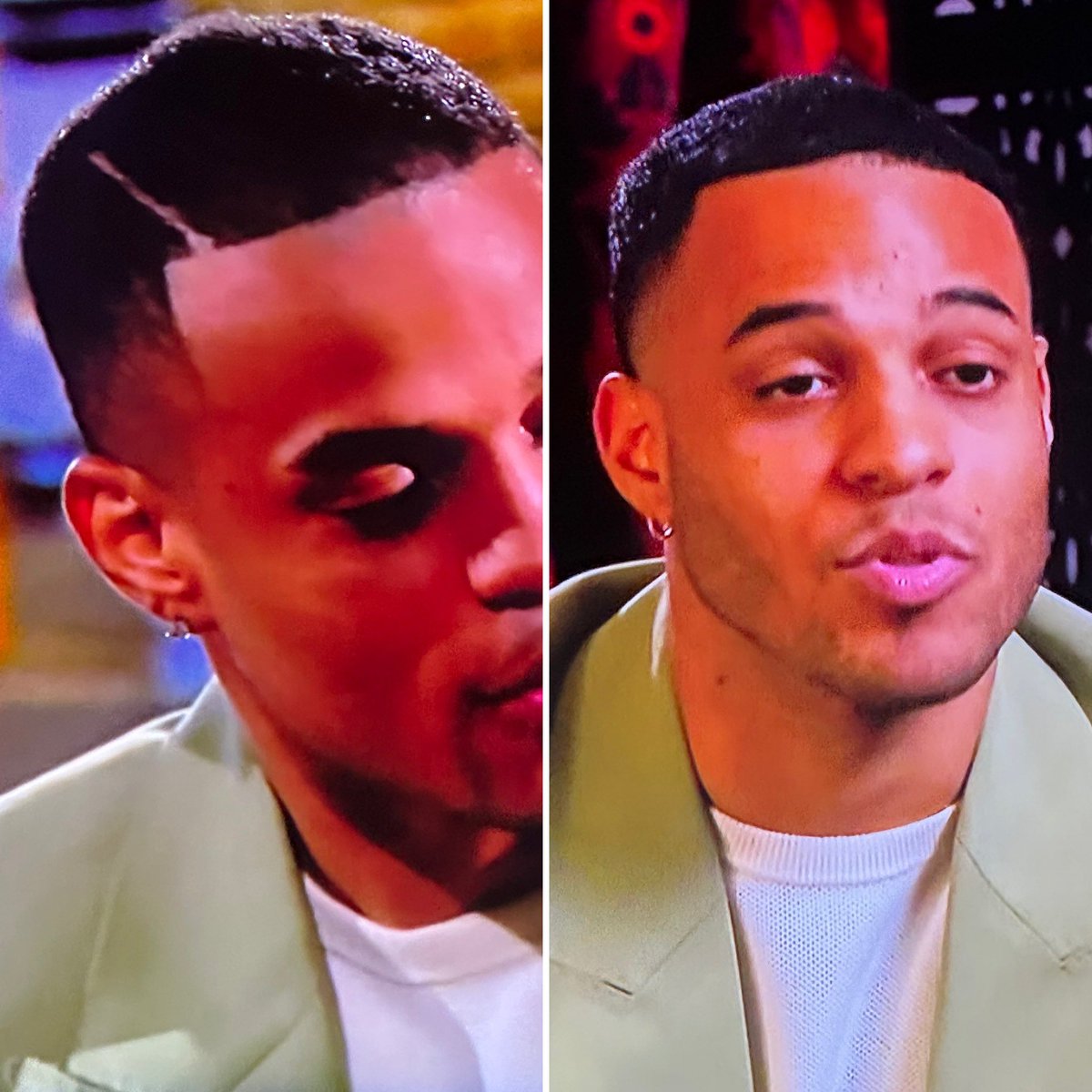 So what’s this about? This is supposedly the same date… The left is him talking to a girl on the group date, with his side part &amp; diamond earrings; then he’s in the next scene talking to the camera and his part is gone &amp; he’s wearing hoop earrings 🤔#TheBachelor