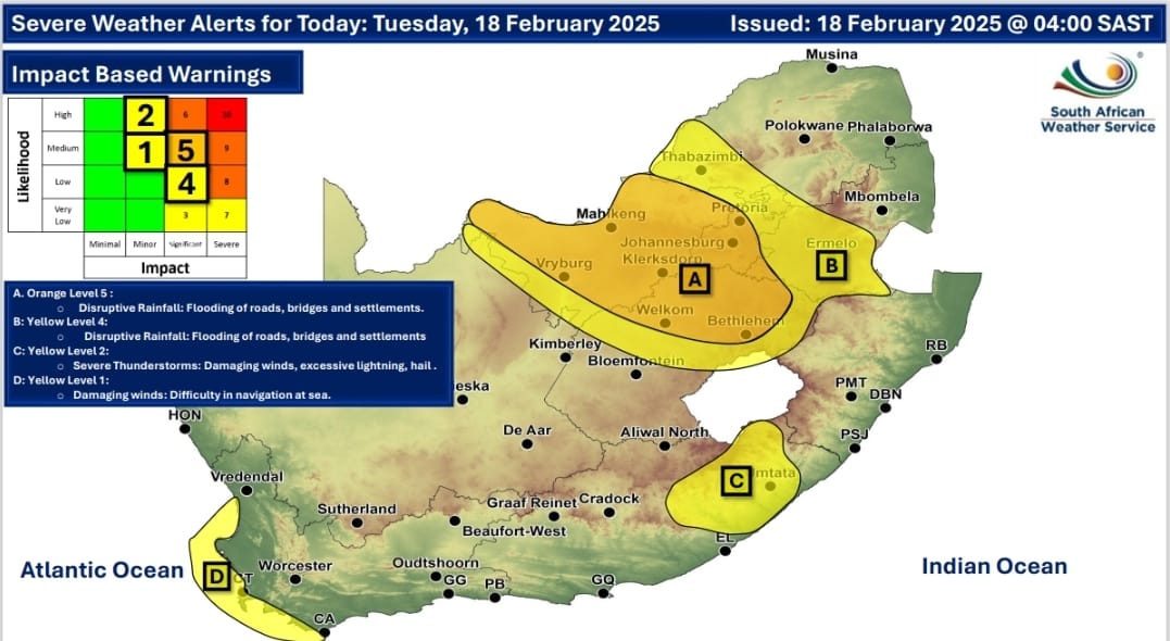 ⚠️Severe weather alert update: Orange level 5 warning for disruptive rainfall over Gauteng, North West &amp; the north eastern parts of Free State. 
#saws #weatheroutlook #southafricanweather