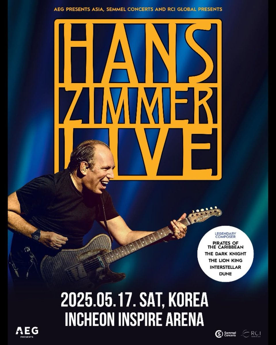 2025 한스 짐머 내한 공연

⦁ 공연 일시 : 5월 17일(토)
⦁ 공연 장소 : 인스파이어 아레나

hanszimmerlive.com/hans-zimmer-li…