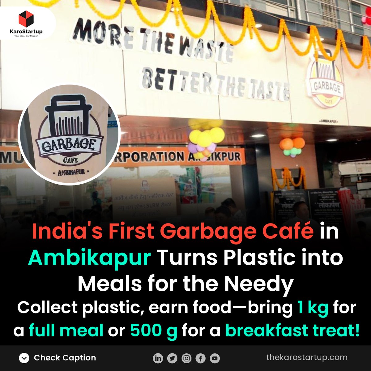karo_startup's tweet photo. India’s first Garbage Café in Ambikapur, Chhattisgarh, lets people trade plastic waste for meals. This initiative tackles hunger and pollution while supporting Swachh Bharat Abhiyan.

Read more: https://t.co/0x4euEwbua

#GarbageCafe #PlasticToMeals #SwachhBharat #RecycleForFood https://t.co/OjWu27Jj7v
