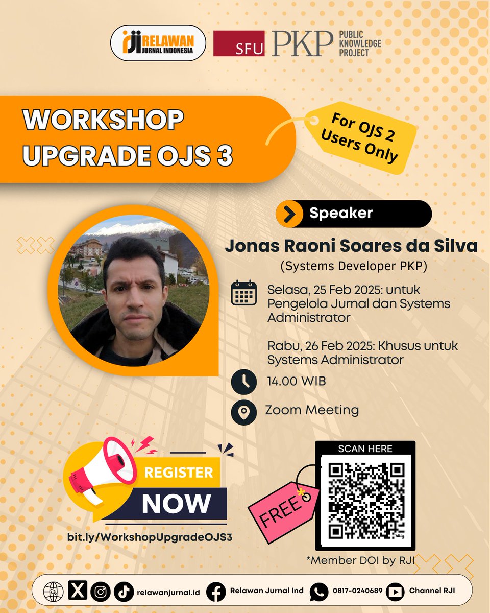 Ingin Upgrade Jurnalmu ke OJS 3?
Relawan Jurnal Indonesia bekerja sama dengan Public Knowledge Project mengundang para pengelola jurnal pengguna OJS 2 untuk ikut dalam Workshop Upgrade OJS 3. Daftar sekarang dan jangan lewatkan kesempatan berharga ini!
bit.ly/WorkshopUpgrad…