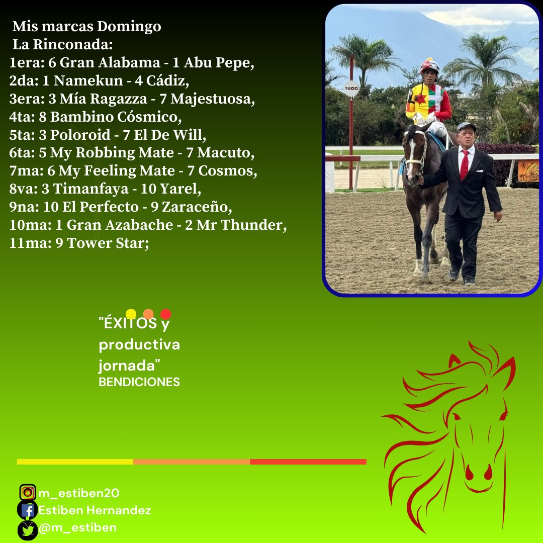 #Hipismo Mis marcas adelantadas domingo La Rinconada...!! Ojo: De haber retirados se cambiaran con anticipación, otra cosa sino les gusta ninguno no los jueguen; ya que no es obligado, bendiciones...!!