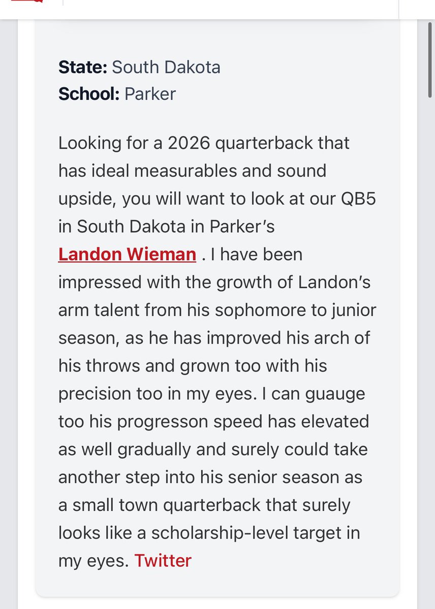 Thanks for the write up! <a href="/NWahlScouting/">Nate Wahl</a> <a href="/PrepRedzoneDAK/">Prep Redzone Dakotas</a>