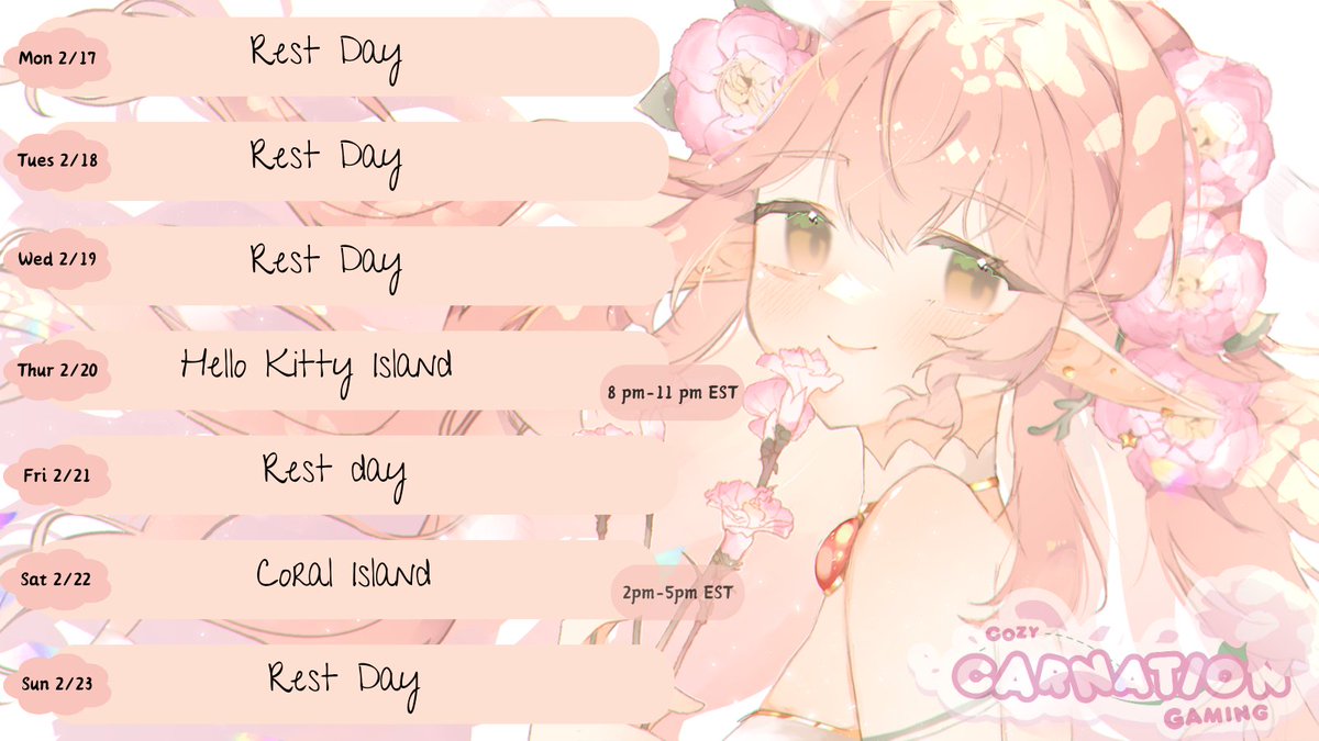 CozyCarnation's tweet photo. Hello all! Life kinda came at me sideways for a bit but things have settled down. Finally ready to return this week! Thursday will be hello kitty island adventure and I'll chat a little about what's been going on. Saturday We'll return to coral Island! So excited to be back! https://t.co/P8XK0AYy6a