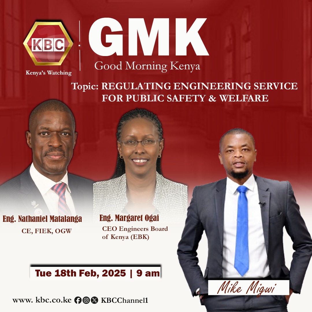 EngineersBoard's tweet photo. Professional development: join our Registrar/CEO as we discuss the regulation of the engineering profession for public safety and welfare.
#ProfessionalDevelopmentKe
#EngineeringExcellenceKe
@ACEK1968
@TheIEK_FLC
@Eng_MaggieOgai
@TheIEK
@EngEKMwongera https://t.co/fqZElJahsh
