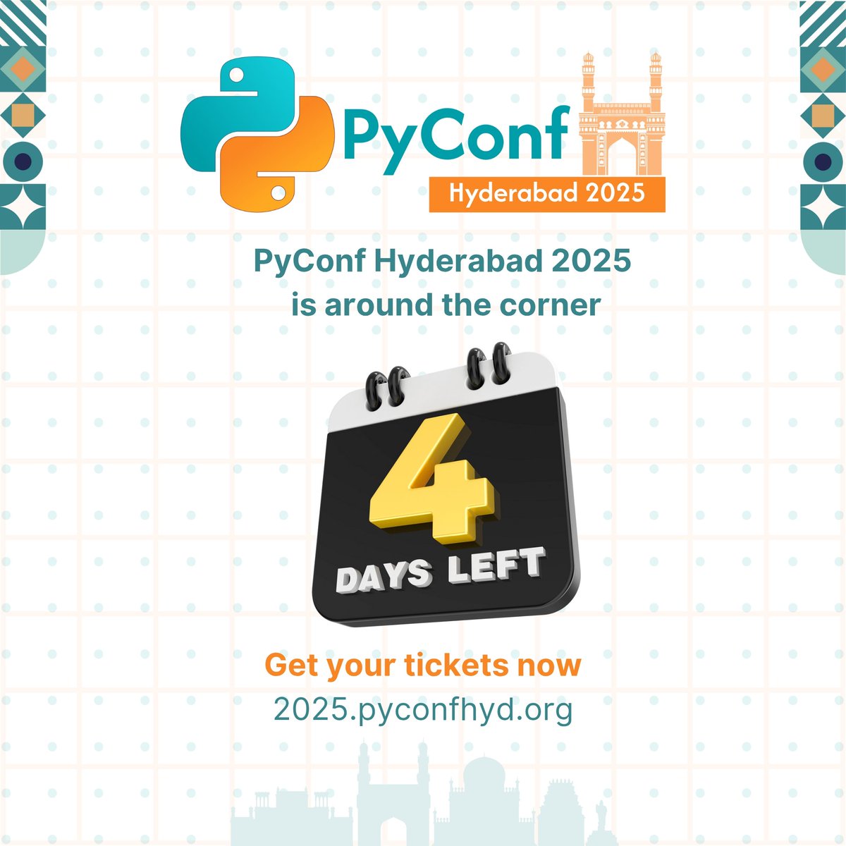 pyconfhyd's tweet image. 4️⃣ DAYS TO GO! #PyConfHyd2025 is right around the corner! Gear up for expert talks, interactive coding sessions and thought-provoking discussions. Can’t wait to see you there!
🎟 Only few tickets left, grab yours now - 2025.pyconfhyd.org
#Python #TechEvent #Hyderabad