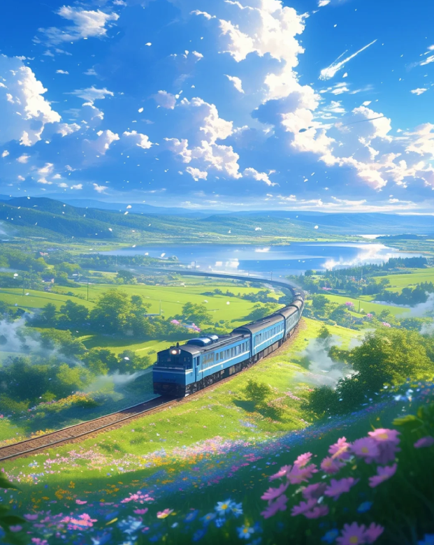 春の列車🚂は、復活の息吹🌱と希望に満ちた気分✨を携えて、暖かい朝の光☀️の中をゆっくりと走ります。