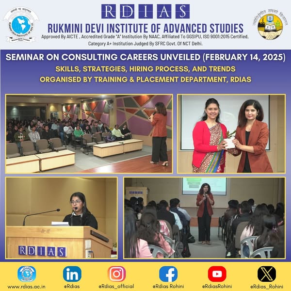 RDIAS_ROHINI's tweet image. RDIAS Training &amp;amp; Placement Dept. hosted an insightful seminar on Feb 14, 2025, for BBA &amp;amp; MBA final-year students, led by Ms. Shivani Gera (EY, PwC, Deloitte India). #RDIAS #Trainingandplacement #ConsultingCareers #CareerGrowth #IndustryInsights #MBA #BBA #seminar