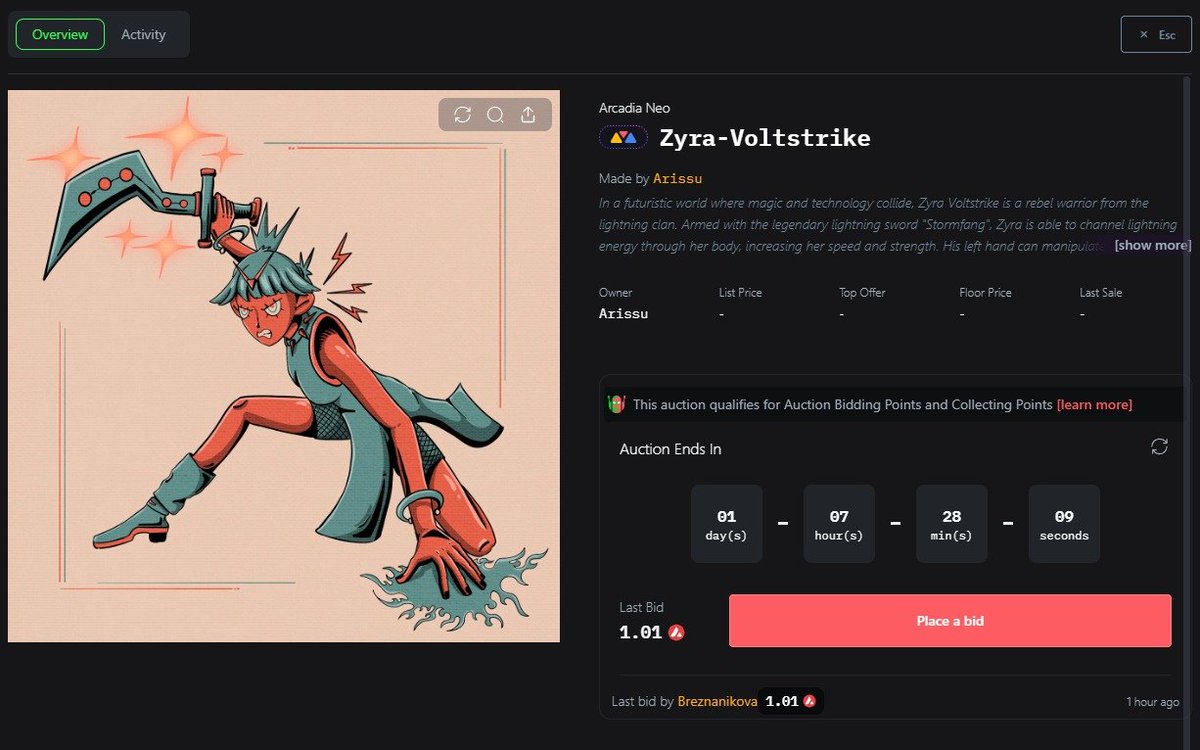 arissamaa's tweet image. "Zyra-Voltstrike" Got first bid from @Breznanikova 🫶
Current bid 1.01 $AVAX

Thank you so much!🔺
link on below🧵