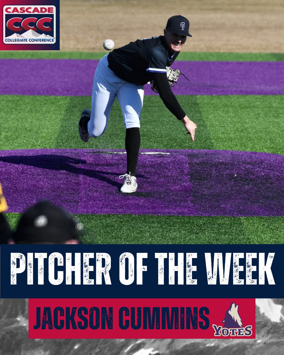 Jackson Cummins (College of Idaho) named CCC Pitcher of the Week after throwing 5 shutout innings with 5 strikeouts in the Yotes win over Embry-Riddle (AZ).

📸 <a href="/CCCSports/">Cascade Conference</a>