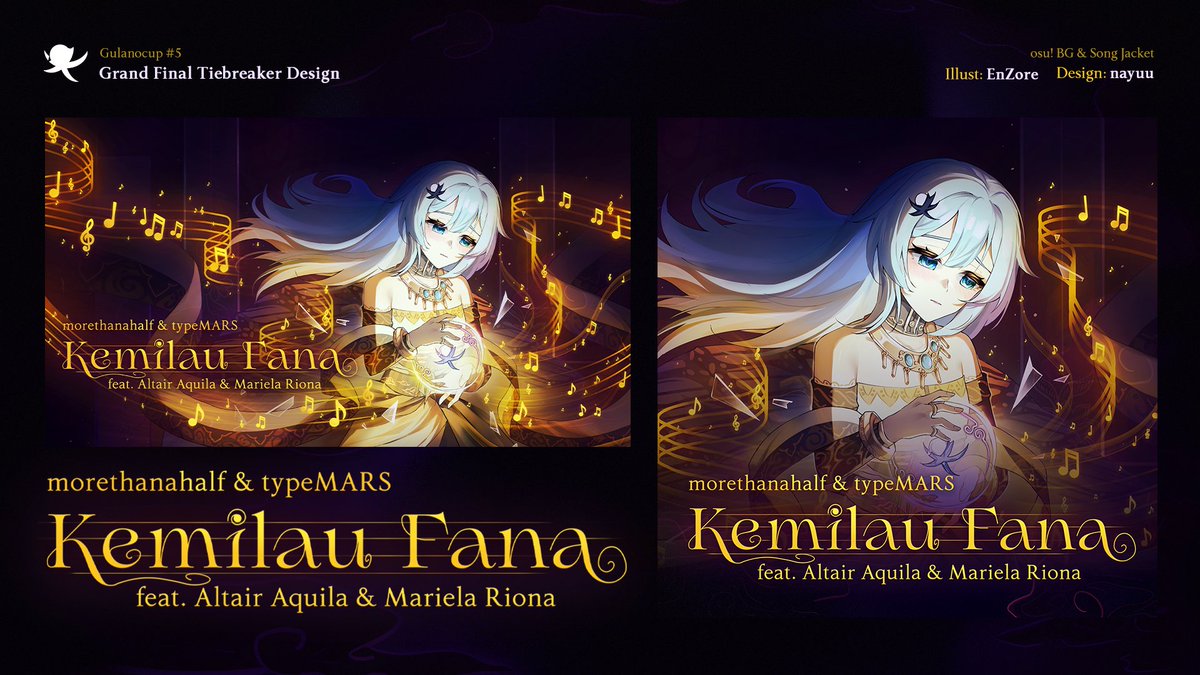 uuyans's tweet photo. [Custom Background &amp; Song Jacket]
for Gulanocup #5 Custom Grandfinal Tiebreaker Song
"morethanahalf &amp; typeMARS - Kemilau Fana (ft. Altair Aquila &amp; Mariela Riona)"

qt gurame illustrated by @enzore_ 
typography &amp; design by me

truly an enjoyable experience💕 https://t.co/0SoxBVBU2u