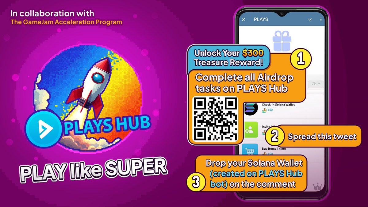PlaysHub's tweet photo. PLAYS Hub is excited to bring you PlaylikeSuper #01, featuring a 300 $USDC reward pool for 30 lucky winners! 🎉

On the occasion of The GameJam Acceleration Program, PLAYS Hub is hosting an Airdrop event called "PlaylikeSuper #01" for the Web3 Gaming community on Solana @SolanaFndn

🎁300 USDC will be randomly distributed for our players who play and complete airdrop tasks from 13 to 23rd Feb.

The rules are simple and easy to follow:
1⃣ https://t.co/eTQ8UtqXwy 
2⃣Spread this tweet: https://t.co/oEAcZpOdfd
3⃣Drop your Solana Wallet (created on PLAYS Hub bot) on the comment  

🌈 By participating, you'll not only have a chance to win the share of 300 $USDC ($10 for each), but also step into a realm where your Web3 gaming experience reaches another level. 

Join us now and start PlaylikeSuper! 🚀