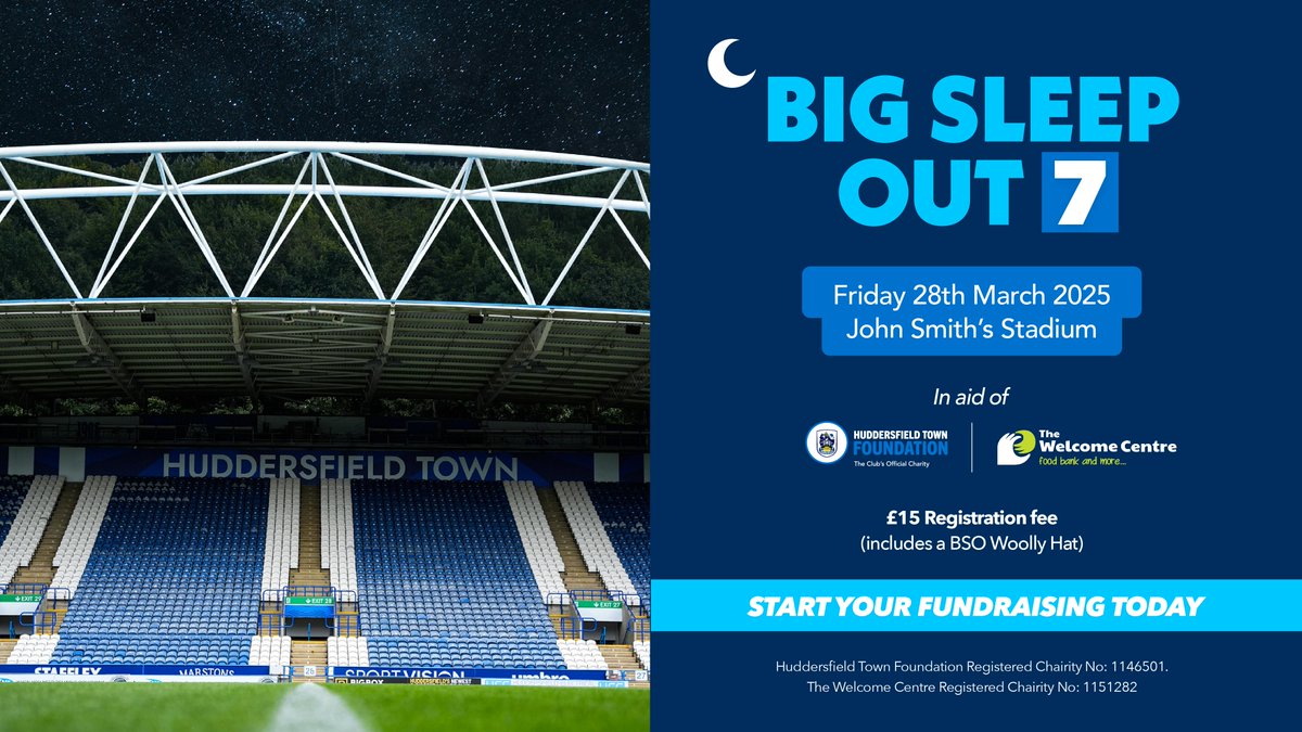 Huddersfield Town Foundation (@htafcfoundation) on Twitter photo 🔵⚪️ Get your sleeping bags ready and join Huddersfield Town Foundation in their seventh instalment of their Big Sleep Out fundraiser that takes place on Friday 28 March at the John Smith’s Stadium!
Follow this link for more info: bit.ly/3QrQS6M
<a href="/Welcome_Hudds/">The Welcome Centre</a> <a href="/htafc/">Huddersfield Town</a> 🔵⚪️ Get your sleeping bags ready and join Huddersfield Town Foundation in their seventh instalment of their Big Sleep Out fundraiser that takes place on Friday 28 March at the John Smith’s Stadium!
Follow this link for more info: bit.ly/3QrQS6M
<a href="/Welcome_Hudds/">The Welcome Centre</a> <a href="/htafc/">Huddersfield Town</a>