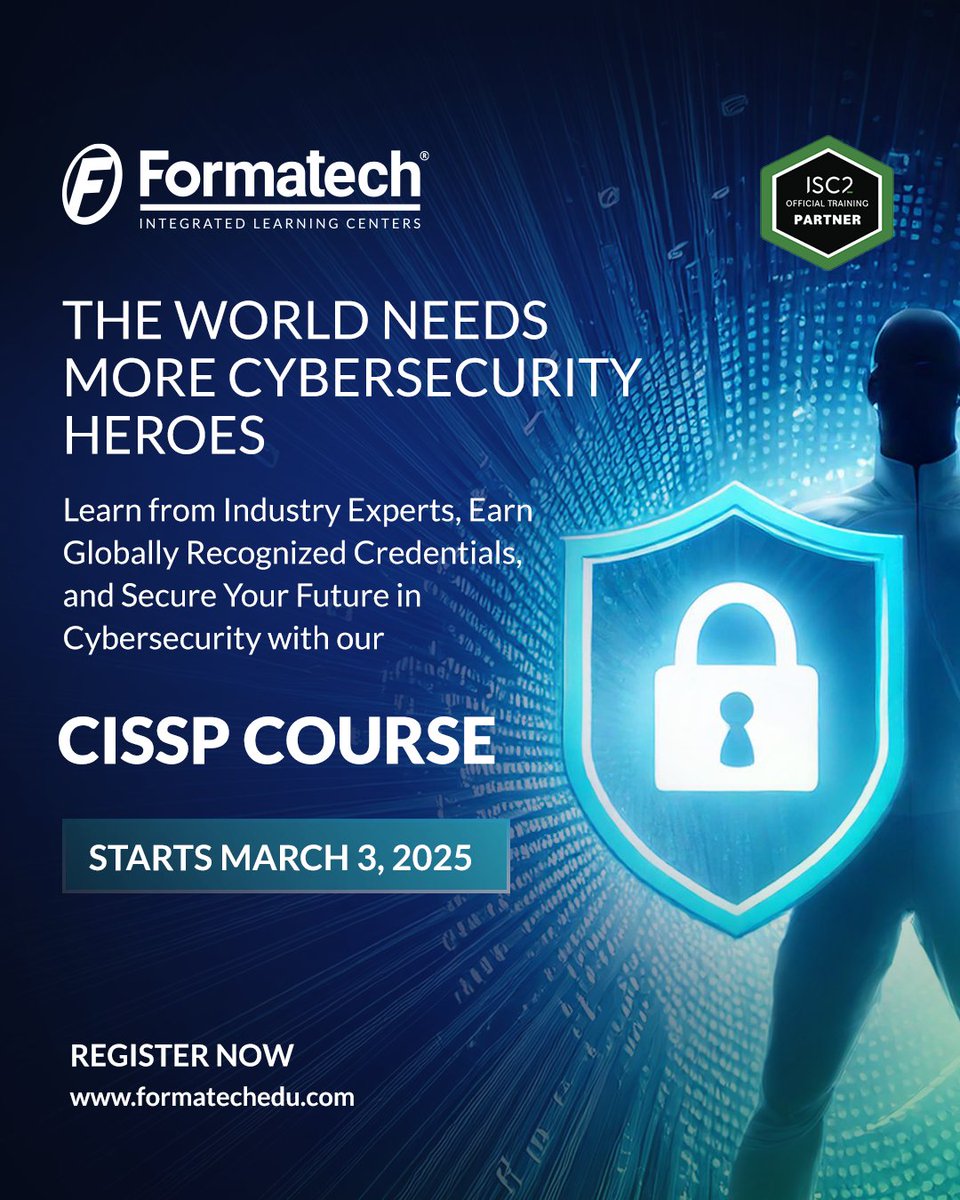 formatechedu's tweet image. Cybersecurity is not just a profession—it’s a mission.
Step into the future with CISSP certification. Join us starting March 3 and become a defender of the digital world.

Register here: bit.ly/3Xxuw5x

#Formatech30Years #LearningExcellence #CISSP #CyberSecurity #ISC2