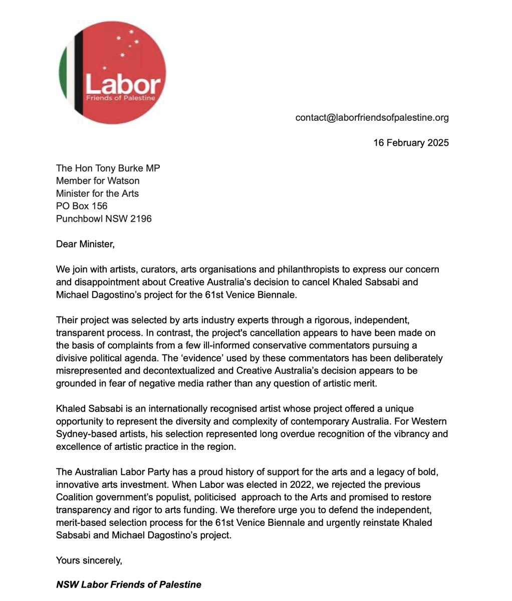 Labor Friends of Palestine NSW (@labor_palestine) on Twitter photo We wrote to <a href="/Tony_Burke/">Tony Burke</a> calling for the reinstatement of Khaled Sabsabi and Michael Dagostino's project for the 61st Venice Biennale 👇 We wrote to <a href="/Tony_Burke/">Tony Burke</a> calling for the reinstatement of Khaled Sabsabi and Michael Dagostino's project for the 61st Venice Biennale 👇