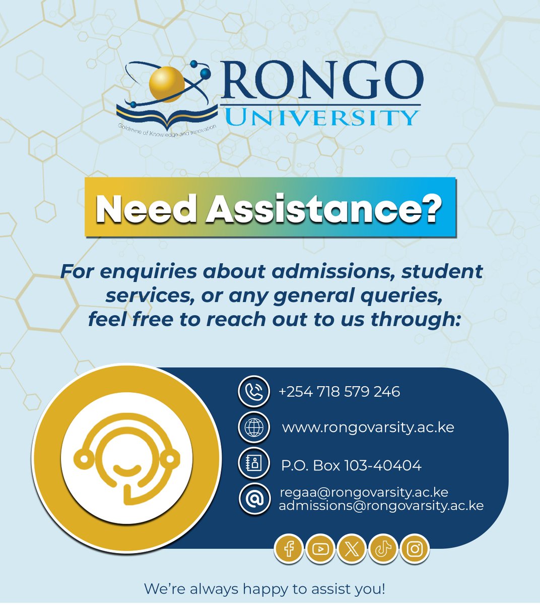 Rongo_Uni's tweet photo. For any enquiries about admissions, student services or any general queries, feel free to reach out to us.
#rongouniversity https://t.co/HNWZRGM893
