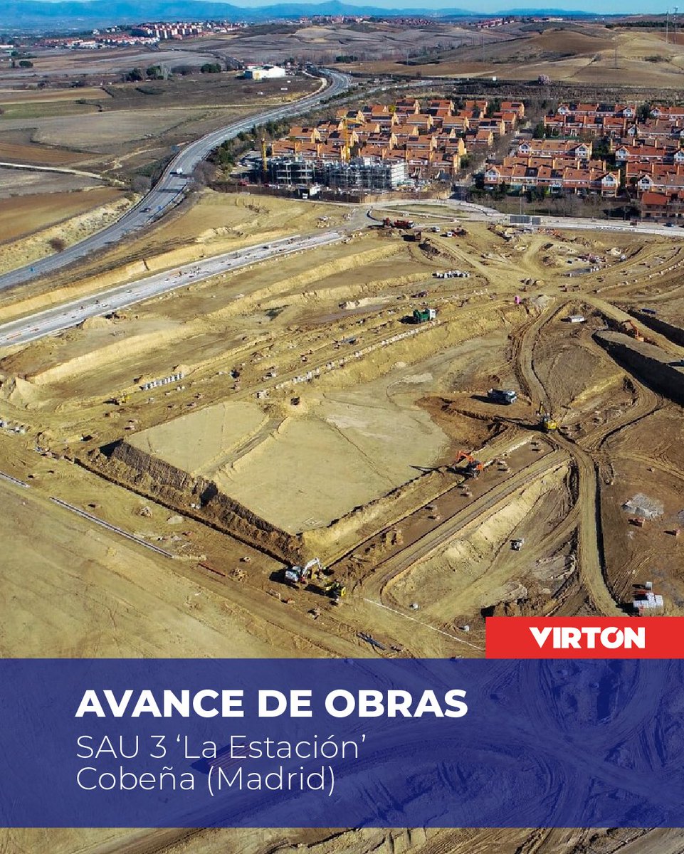 Virtón avanza los trabajos del SAU 3 ‘La Estación’ en Cobeña (Madrid) a buen ritmo, con la finalización de movimiento de tierras, red de saneamiento y el retranqueo de 200ml de una arteria de abducción de 600mm del Canal de Isabel II.

#ConstruimosFuturo