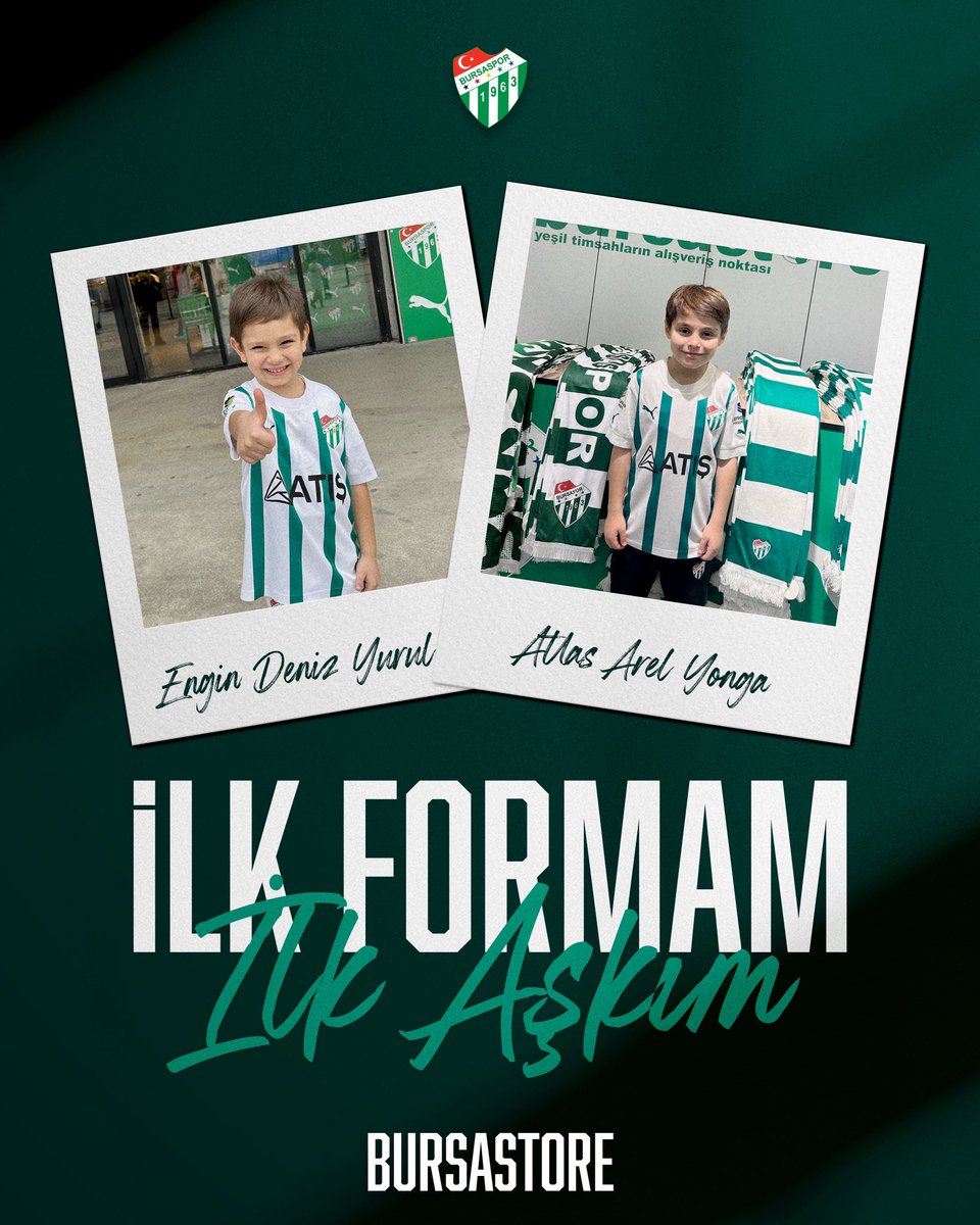 İlk formam, ilk aşkım! 💚🤍 Bursaspor sevgisi küçük yaşta başlar! Siz de #İlkFormamİlkAşkım etiketiyle ilk Bursaspor formanızı giydiğiniz anları bizimle paylaşın, gönderilerinizi @Bursastore sayfamızda yayınlayalım! Haydi, minik Timsahlar sahne sizin! 🐊⚽