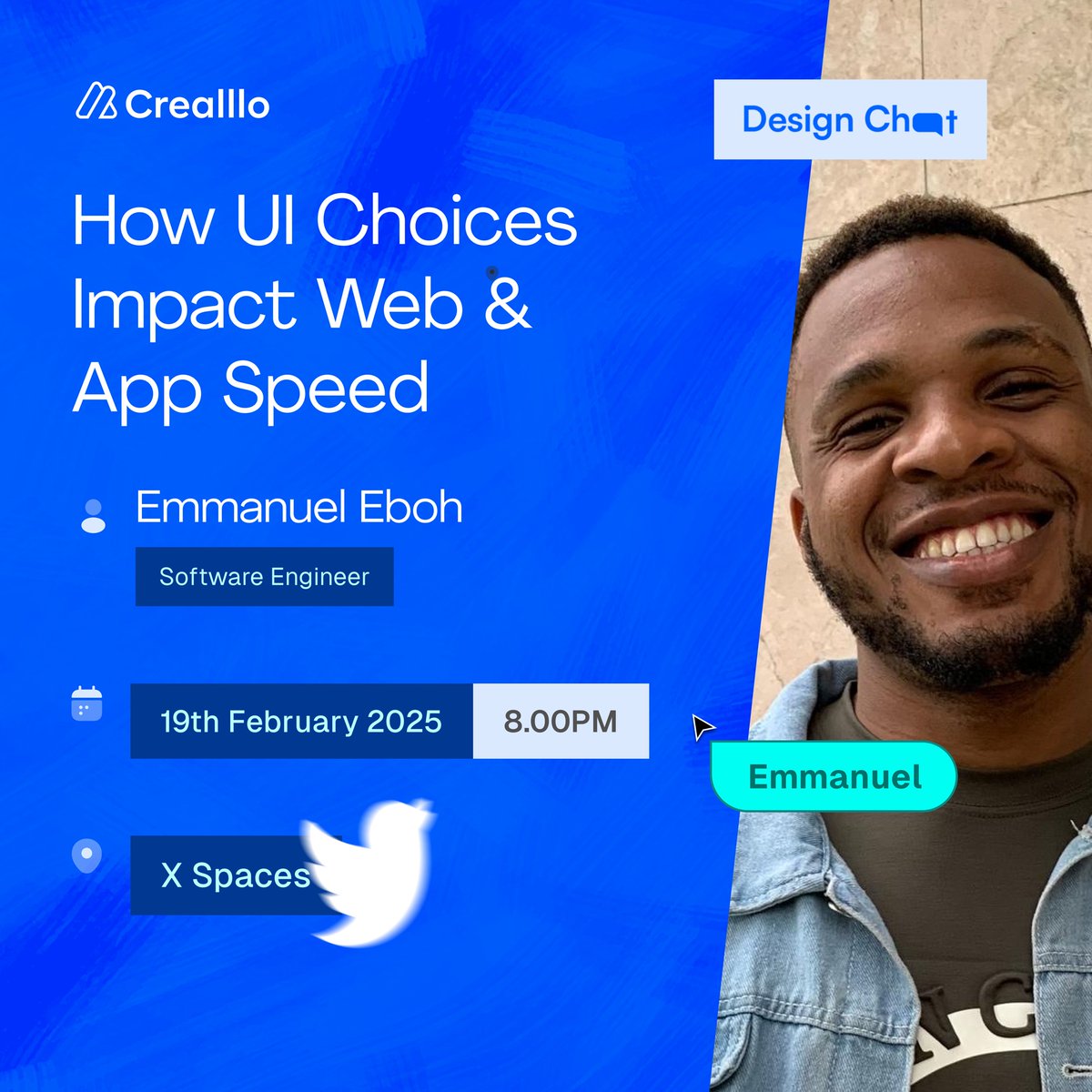 Crealllo Brands (@crealllo) on Twitter photo There is more to UI than aesthetics, it impacts how fast website or app loads. From image compression to typography, every element contributes to the performance.
Join us tomorrow by 8PM as <a href="/EOEboh/">Captain-EO ๐จ๐พโ๐ป</a> will be discussing how to create fast, seamless and user-friendly experiences. There is more to UI than aesthetics, it impacts how fast website or app loads. From image compression to typography, every element contributes to the performance.
Join us tomorrow by 8PM as <a href="/EOEboh/">Captain-EO ๐จ๐พโ๐ป</a> will be discussing how to create fast, seamless and user-friendly experiences.