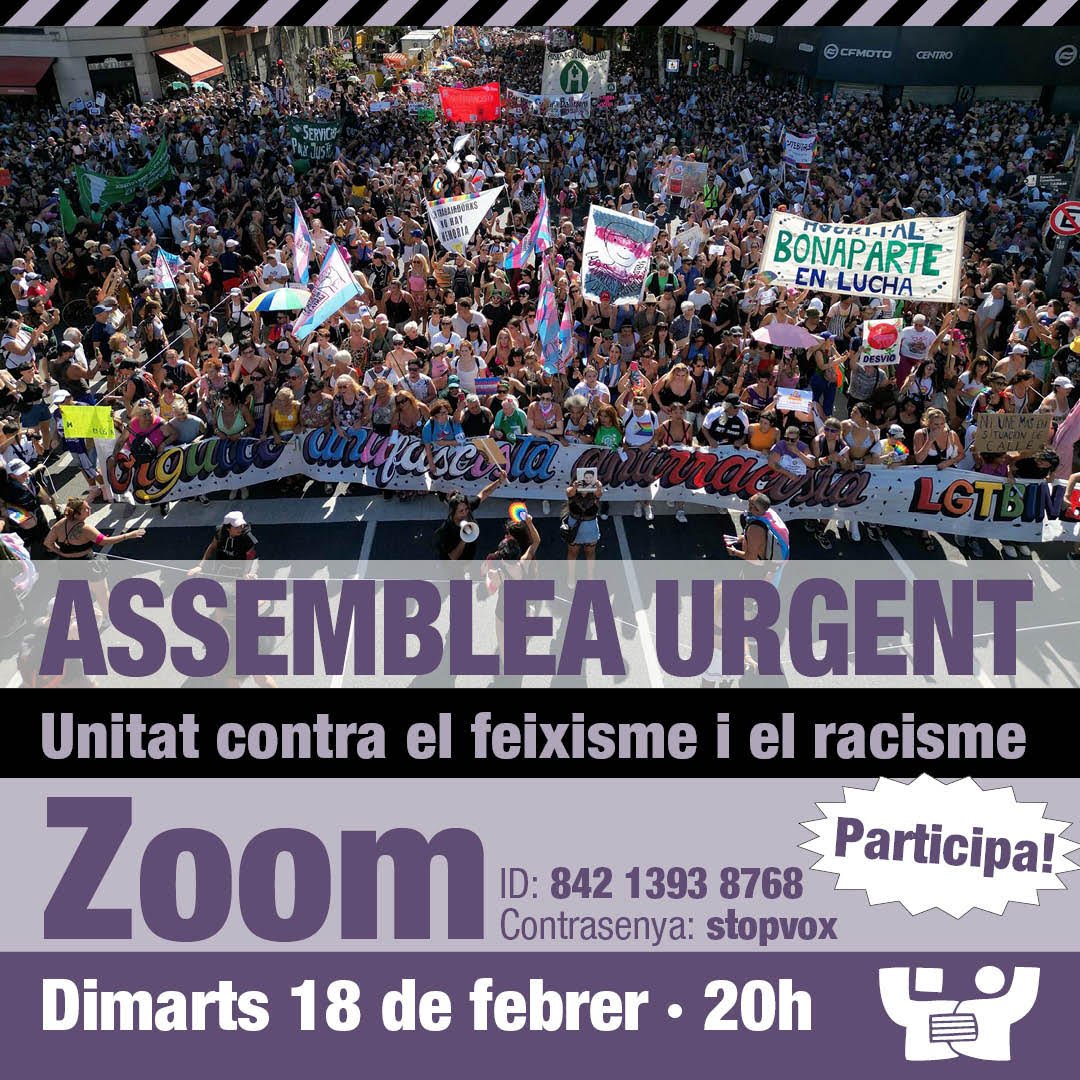 Assemblea urgent (online) d'UCFR
Avui dt, 18 de febrer, 20h, Zoom

Per organitzar el Festival Antiracista del 22 de març, a Barcelona, dins de la jornada internacional de <a href="/WorldvsRacism/">WorldAgainstRacism</a> 

ID Zoom: 842 1393 8768
Contraseña: stopvox