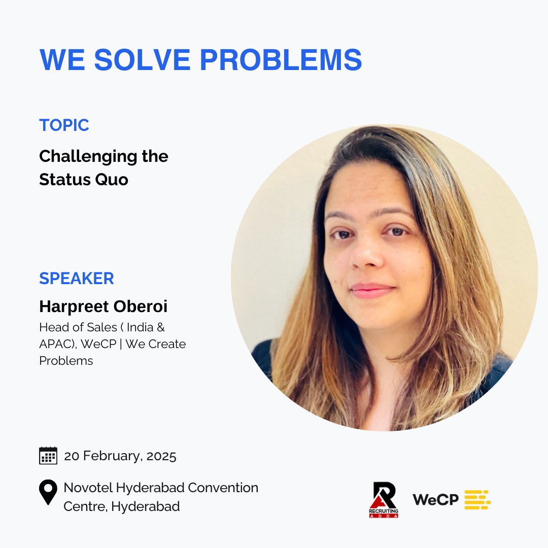wcreateproblems's tweet image. Introducing Harpreet Oberoi - Head of Sales (India &amp;amp; APAC) from WeCP as one of the speakers at #WeSolveProblems A Leadership Forum - Hyderabad! 🌟

Kick starting the evening with an intriguing topic on Challenging the Status Quo, you wouldn&apos;t want to miss this! 🚀