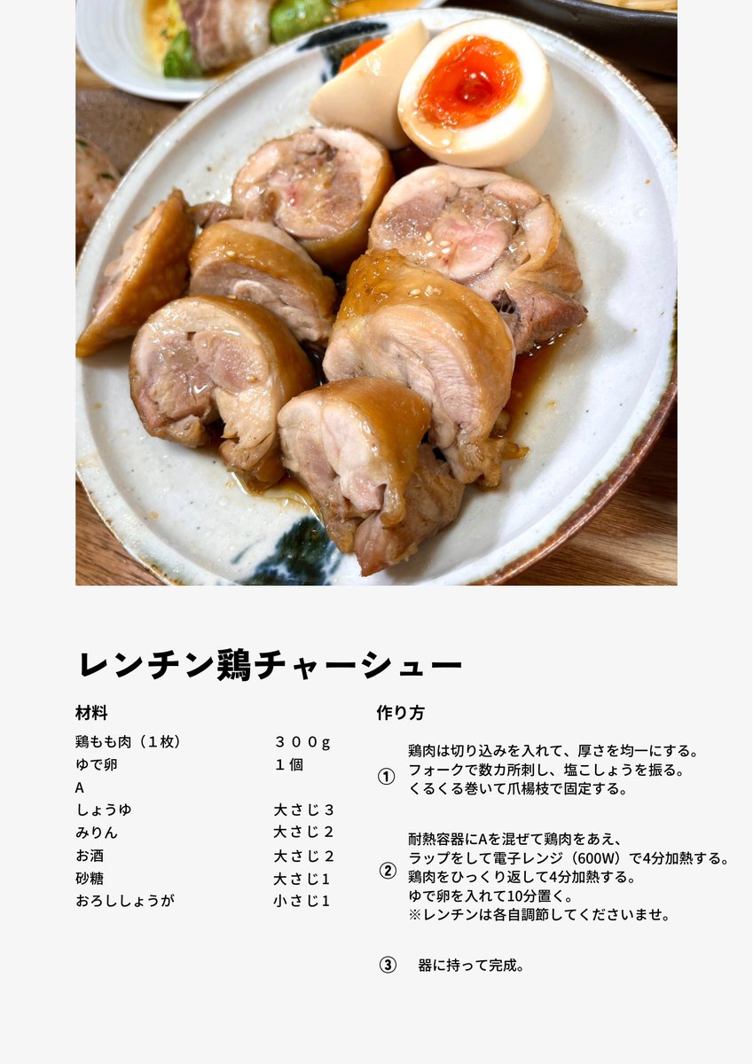 レンジで簡単！！
レンチン鶏チャーシューがうまい！