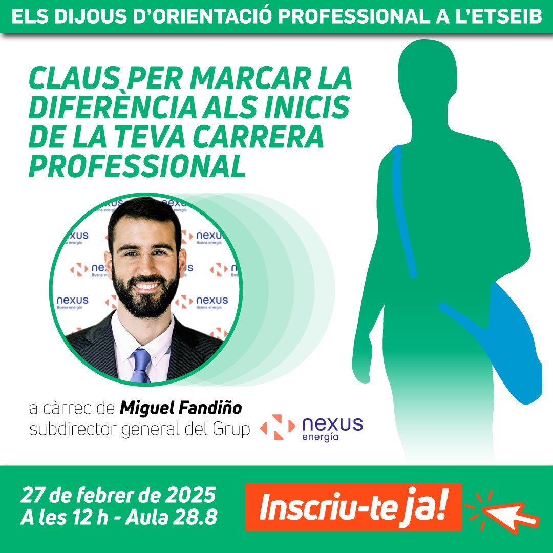 🔝 El dijous 27 de febrer a les 12 h, a l'aula 28.8, es farà una nova sessió dels Dijous d'Orientació Professional a l'#ETSEIB de @la_upc, a càrrec de Miguel Fandiño, Alumni ETSEIB i actual subdirector general del Grup Nexus Energia.  

📝 Inscriu-te ja! etseib.upc.edu/ca/esdevenimen…