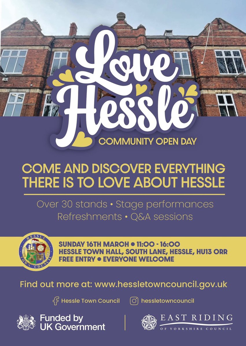 Just under 4 weeks to go! Will you be joining us at our Love Hessle - Community Open Day? Come and discover everything there is to love about Hessle - all under one roof!
💜Over 30 local businesses and community organisations 
💜Stage Performances
💜Q&amp;A Sessions
💜Refreshments