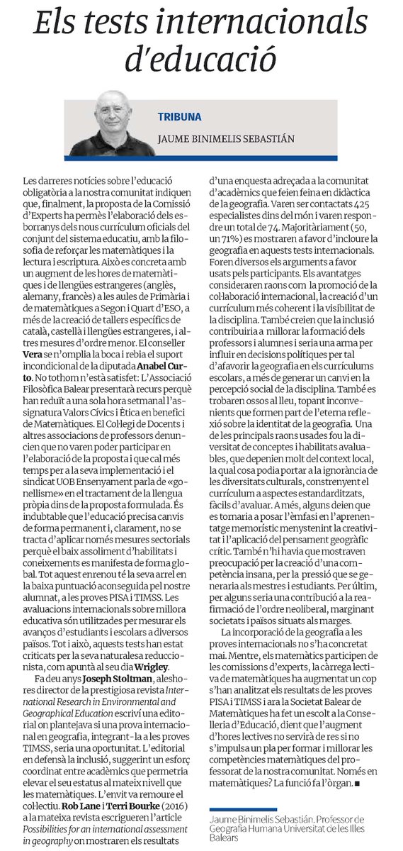 Geografia UIB (@geografiauib) on Twitter photo Article a Tribuna d'Opinio del <a href="/diariomallorca/">Diario de Mallorca</a>:
Els tests internacionals d'educació
Autor: Jaume Binimelis, professor de Geografia Humana de <a href="/GeografiaUIB/">Geografia UIB</a> Article a Tribuna d'Opinio del <a href="/diariomallorca/">Diario de Mallorca</a>:
Els tests internacionals d'educació
Autor: Jaume Binimelis, professor de Geografia Humana de <a href="/GeografiaUIB/">Geografia UIB</a>