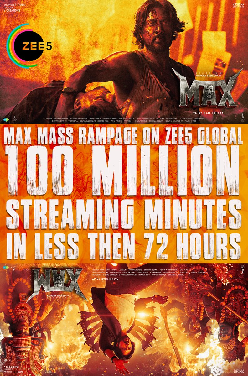 VIJAY Kartikeyaa (@vkartikeyaa) on Twitter photo 100 Million MAX Minutes 💯
Redefining masss with this blockbuster
Watch #MaxOnZee5 today!
<a href="/KicchaSudeep/">Kichcha Sudeepa</a> <a href="/theVcreations/">Kalaippuli S Thanu</a> <a href="/Kichchacreatiin/">Kichcha Creatiions</a> <a href="/AJANEESHB/">B AJANEESH LOKNATH</a> <a href="/shekarchandra71/">cahndrashekhara D</a> <a href="/ganeshbaabu21/">Ganeshbaabu</a> <a href="/shivakumarart/">shivakumar</a> <a href="/dhilipaction/">Dhilip Subbarayan</a> <a href="/kevinkumarrrr/">Kevin Kumar</a> <a href="/ChethanDsouza/">Chethan Dsouza</a> <a href="/shobimaster/">Shobi Paulraj</a> 100 Million MAX Minutes 💯
Redefining masss with this blockbuster
Watch #MaxOnZee5 today!
<a href="/KicchaSudeep/">Kichcha Sudeepa</a> <a href="/theVcreations/">Kalaippuli S Thanu</a> <a href="/Kichchacreatiin/">Kichcha Creatiions</a> <a href="/AJANEESHB/">B AJANEESH LOKNATH</a> <a href="/shekarchandra71/">cahndrashekhara D</a> <a href="/ganeshbaabu21/">Ganeshbaabu</a> <a href="/shivakumarart/">shivakumar</a> <a href="/dhilipaction/">Dhilip Subbarayan</a> <a href="/kevinkumarrrr/">Kevin Kumar</a> <a href="/ChethanDsouza/">Chethan Dsouza</a> <a href="/shobimaster/">Shobi Paulraj</a>