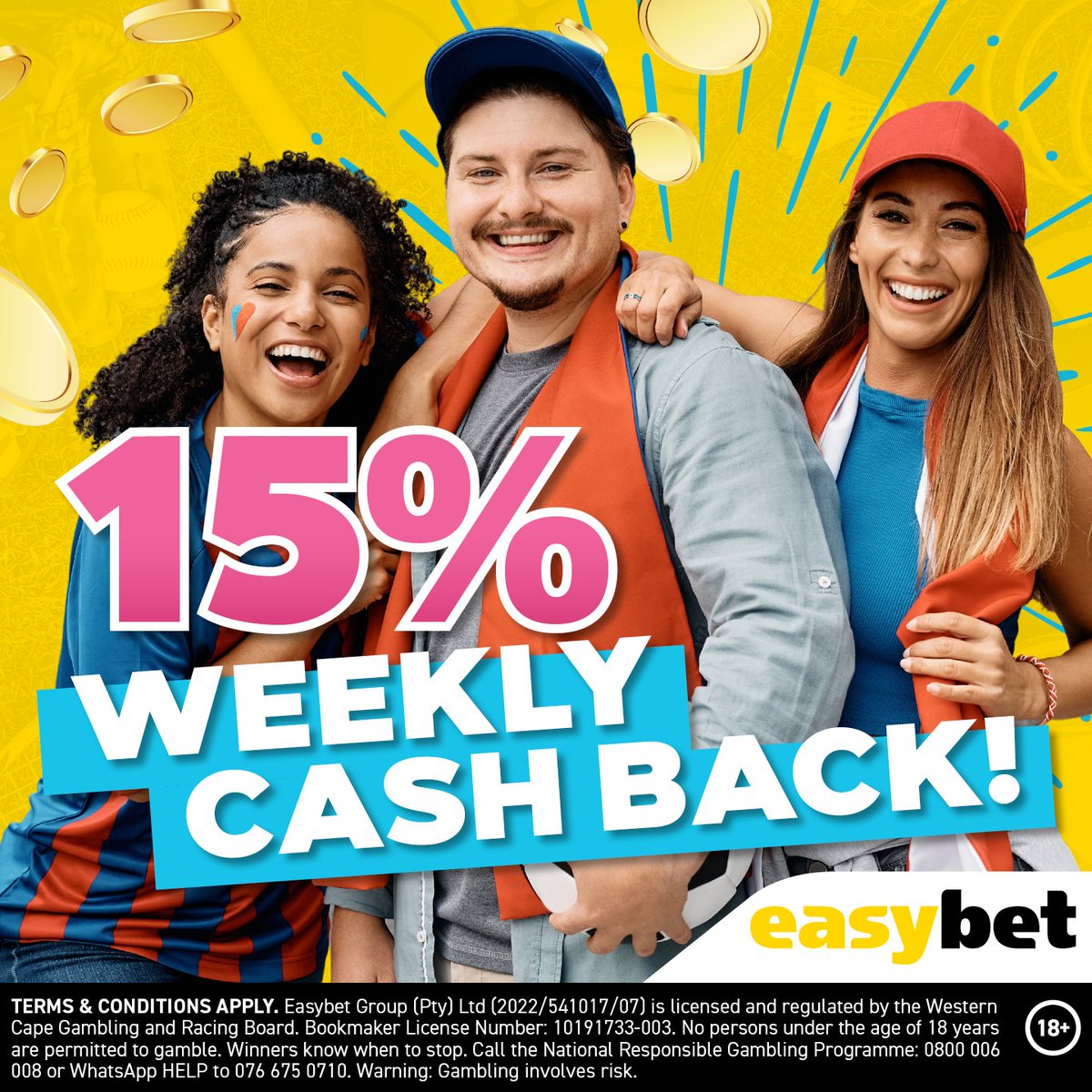 It's that time of the week again! 📆 Turn your Thursdays around with our cashback treat! 🎉

🏆 Bag 15% Cash Back on Weekly Net Losses!

⌛ Net Loss Breakdown:
💸 Net losses of R500+ (Mon-Sun) = 15% Back
💸 Net losses of R99 - R499 (Mon-Sun) = 10% Back

Stay ahead with our