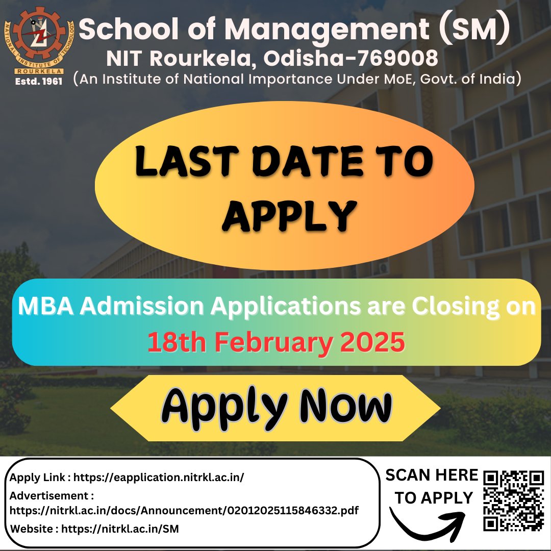 School of Management, NIT Rourkela (@som_nitr) on Twitter photo ๐๐ก๐ ๐
๐ข๐ง๐๐ฅ ๐๐๐ฅ๐ฅ!!
Complete your application form today,
๐๐จ ๐ง๐จ๐ญ ๐ฆ๐ข๐ฌ๐ฌ ๐ญ๐ก๐ ๐๐ก๐๐ง๐๐ ๐ญ๐จ ๐๐ ๐๐ง ๐๐๐๐ข๐๐ง.
Admission Details: lnkd.in/gR3jSTwM
Application Link: lnkd.in/gBdjCaUX
#mbaadmisson #mba #management #mbainnitr #somnitr #nitr ๐๐ก๐ ๐
๐ข๐ง๐๐ฅ ๐๐๐ฅ๐ฅ!!
Complete your application form today,
๐๐จ ๐ง๐จ๐ญ ๐ฆ๐ข๐ฌ๐ฌ ๐ญ๐ก๐ ๐๐ก๐๐ง๐๐ ๐ญ๐จ ๐๐ ๐๐ง ๐๐๐๐ข๐๐ง.
Admission Details: lnkd.in/gR3jSTwM
Application Link: lnkd.in/gBdjCaUX
#mbaadmisson #mba #management #mbainnitr #somnitr #nitr