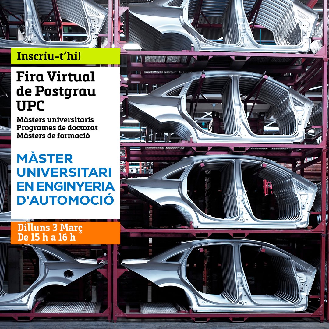 🫵 Estudia un màster revolucionari a l'#ETSEIB!
📝 Inscriu-te ja a la sessió inf. virtual del Màster Universitari en #EnginyeriaAutomoció que es farà el 3 de març a les 15h a la Fira Virtual de Postgrau de @la_upc.

#MàstersETSEIB #LaRevolucióComença
firapostgrauupc.easyvirtualfair.com/webcasts/442c2…