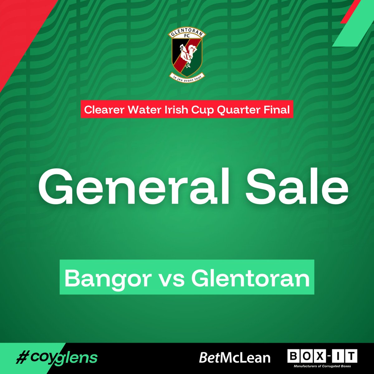 Glentoran's tweet image. 𝗜𝗿𝗶𝘀𝗵 𝗖𝘂𝗽 𝗤𝘂𝗮𝗿𝘁𝗲𝗿 𝗙𝗶𝗻𝗮𝗹 𝗧𝗶𝗰𝗸𝗲𝘁𝘀

🎟️ Tickets for our Irish Cup Quarter Final tie with Bangor at Clandeboye Park are NOW on general sale!

You can purchase your tickets now 👉 glentoran.com/tickets

#COYGlens