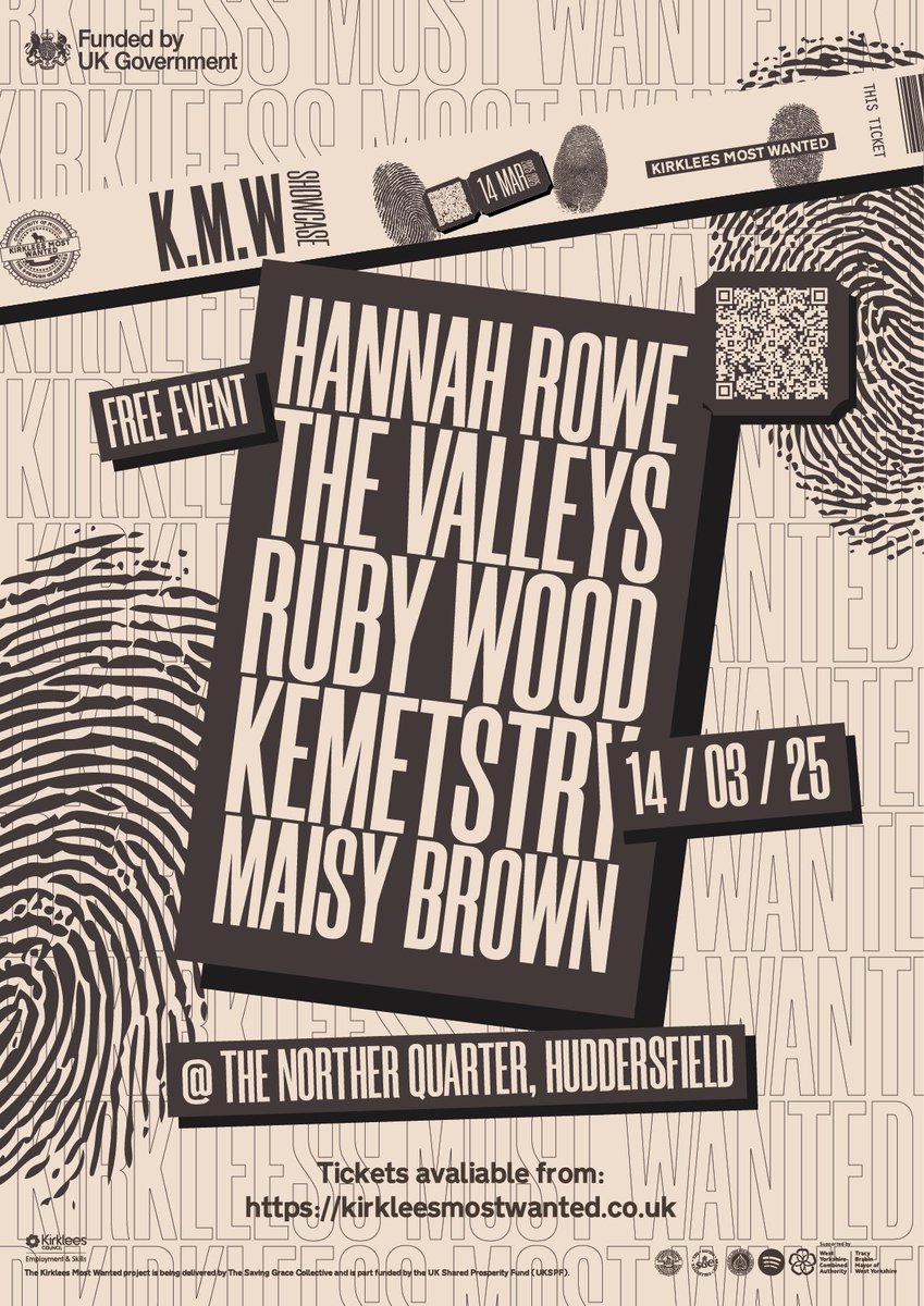 The Kirklees Most Wanted Showcase hits The Northern Quarter on March 14th, bringing you an unforgettable night of diverse sounds and incredible talent.  ft Hannah Rowe, Ruby Wood, The Valleys, Kemetstry, and Maisy Brown. 🎶  Grab your tickets now! fb.me/e/4ytd6N5nV