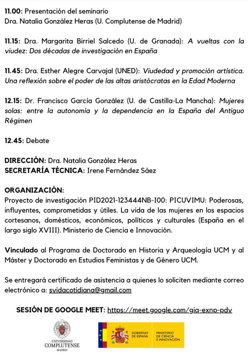 📣 Próximamente se celebrará el VIII Seminario Metodológico online “Mujeres solas: Fuentes y métodos para el estudio de la viudedad en la época moderna” organizado por <a href="/PICUVIMU/">PICUVIMU</a>.

🗓️25/Febrero
⬇️ Compartimos el programa