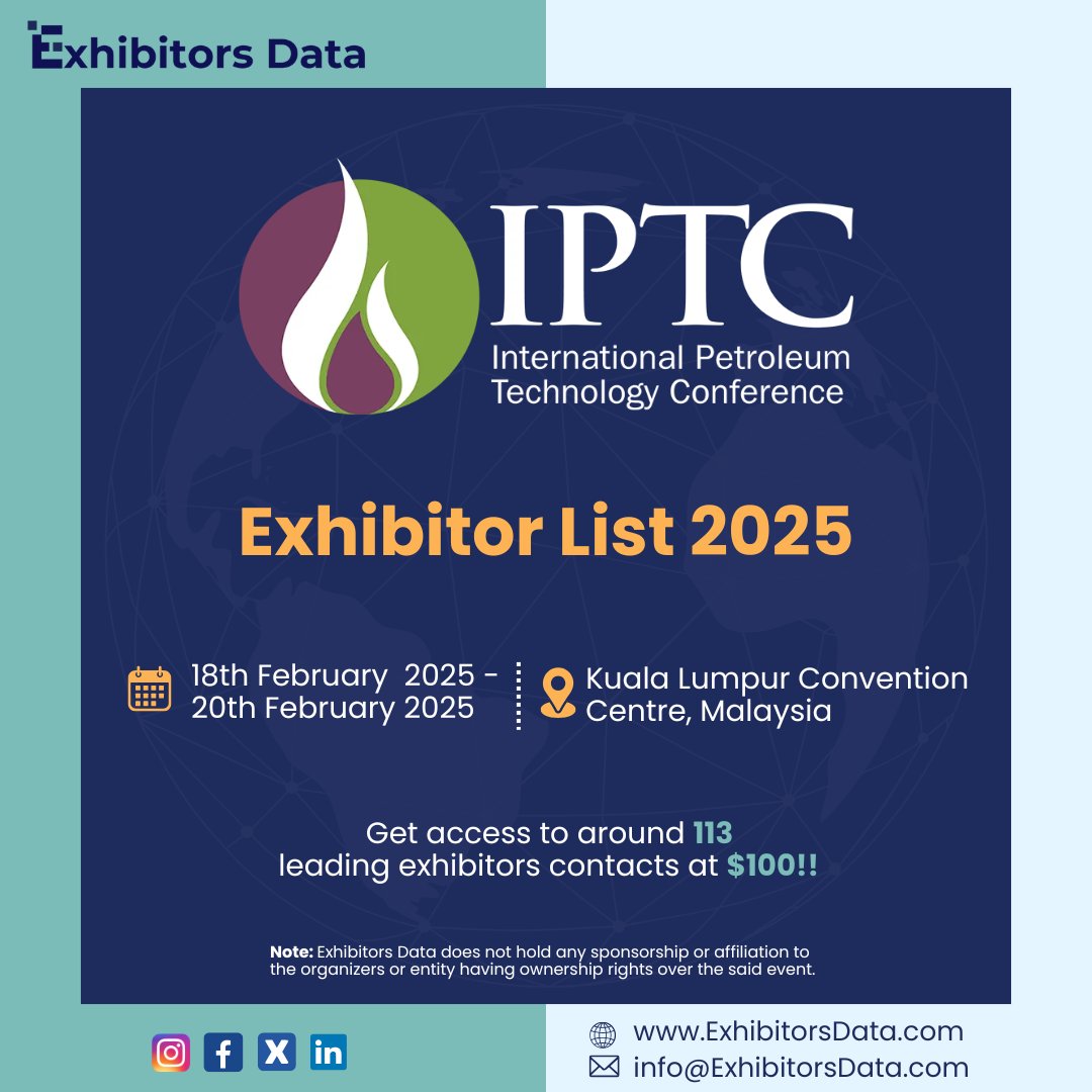ExhibitorsData's tweet photo. Achieve achievement with the IPTC 2025 exhibitors data set! Acquire market knowledge and connect with important oil and gas professionals. Get your own for the best price.  

Visit us: https://t.co/HNumUXbVw4
Contact us: info@exhibitorsdata.com

#ExhibitorsData #energysector https://t.co/pqnq5P2Xvy