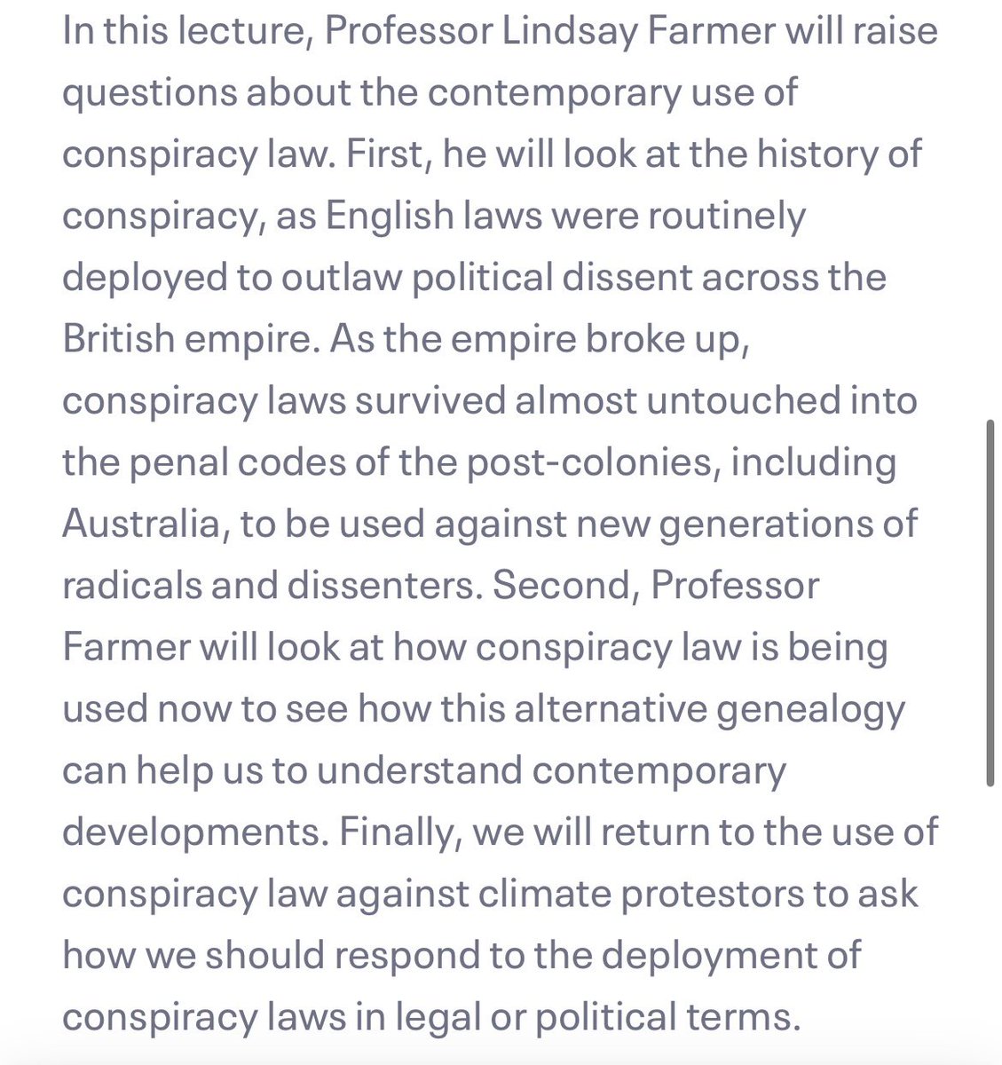Dr Paul McGorrery (@paulmcgorrery) on Twitter photo Upcoming lecture at <a href="/MelbLawSchool/">Melbourne Law School</a> with Prof Lindsay Farmer speaking on the use of conspiracy charges in the context of climate change protestors.
eventbrite.com.au/e/2025-peter-b… Upcoming lecture at <a href="/MelbLawSchool/">Melbourne Law School</a> with Prof Lindsay Farmer speaking on the use of conspiracy charges in the context of climate change protestors.
eventbrite.com.au/e/2025-peter-b…