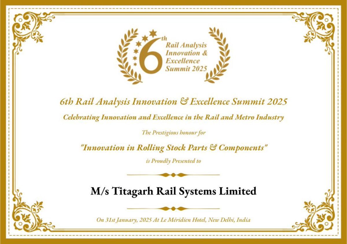 RailAnalysis's tweet photo. Titagarh Rail Systems Limited has been honored For Innovation in Rolling Stock Parts & Components at the 6th Rail Analysis Innovation & Excellence Summit 2025!
#Congratulations #TitagarhRail #RAIES2025 #Winner #Award #RollingStock #FreightWagons #RailwayInnovation #RailAnalysis https://t.co/HTnXF4VuVG