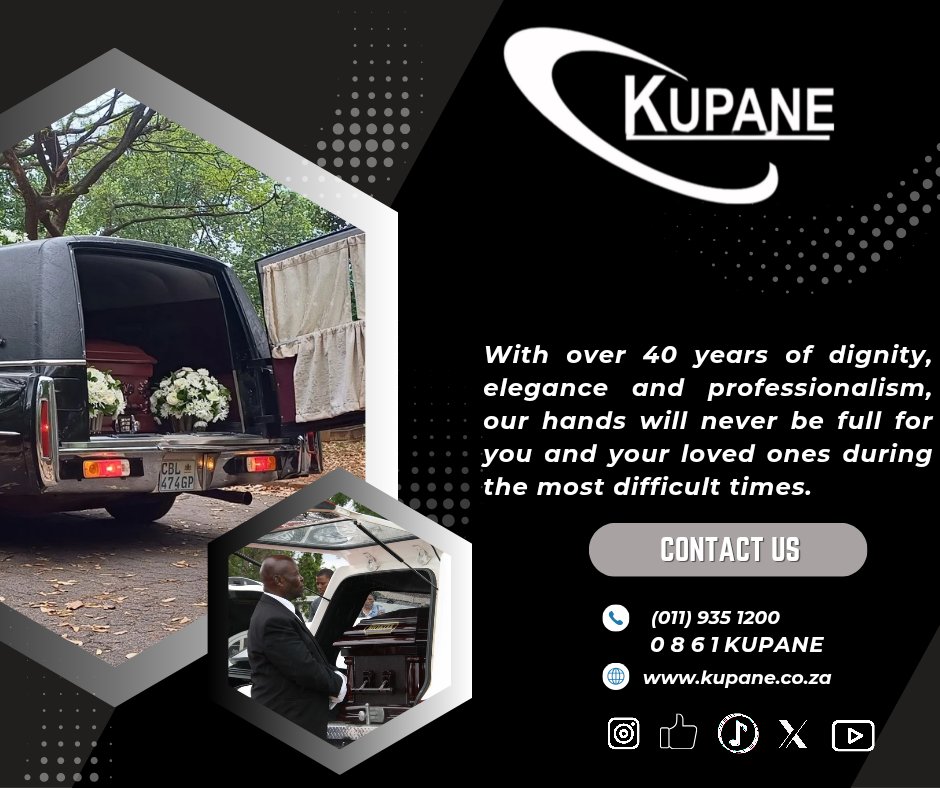 Kupane_Funerals's tweet photo. A legacy spanning more than 40 years of extensive knowledge, our hands will never be full for you and your loved ones. 
☎️ (011)935-1200 24hrs
#YourFriendIndeed

Zanzou | #BBMzansi | Rakgadi | Royal AM | #sblove | Nsuku | Mata | Swiss | #powerup https://t.co/lHuGnygxzd