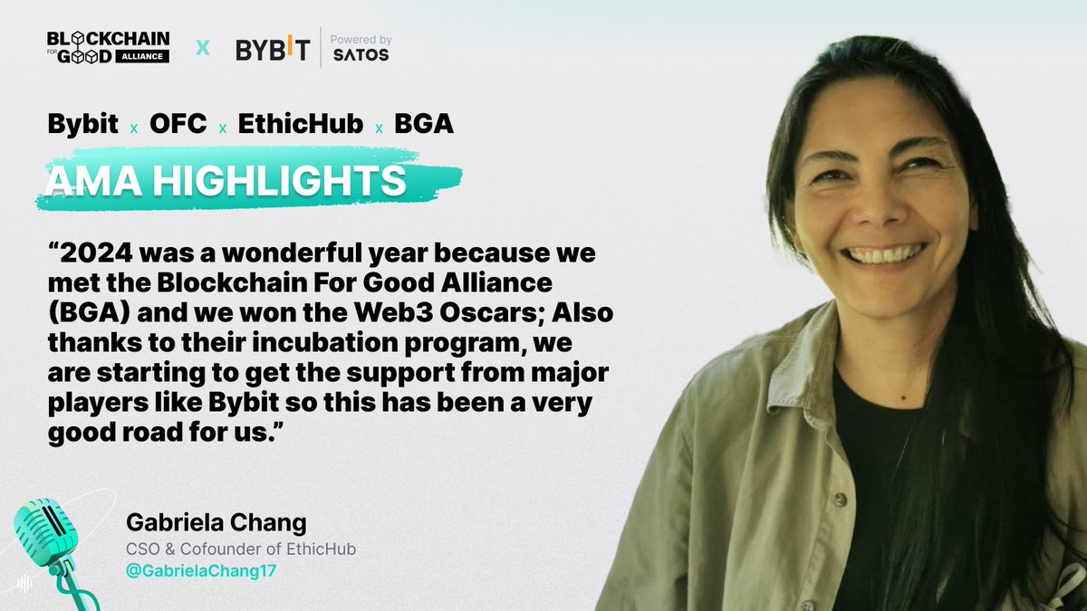 💭 "Thanks to BGA's incubation program, we're getting support from major players like <a href="/Bybit_Official/">Bybit</a>." - <a href="/GabrielaChang17/">Gabriela Chang</a> on <a href="/EthicHub/">EthicHub(🌱, 🌱)| Blockchain | Specialty coffee☕</a>'s journey in 2024, including winning the #Web3Oscars!  

🎙️ Listen to the full conversation: x.com/i/spaces/1djGX… 

#BlockchainForGood