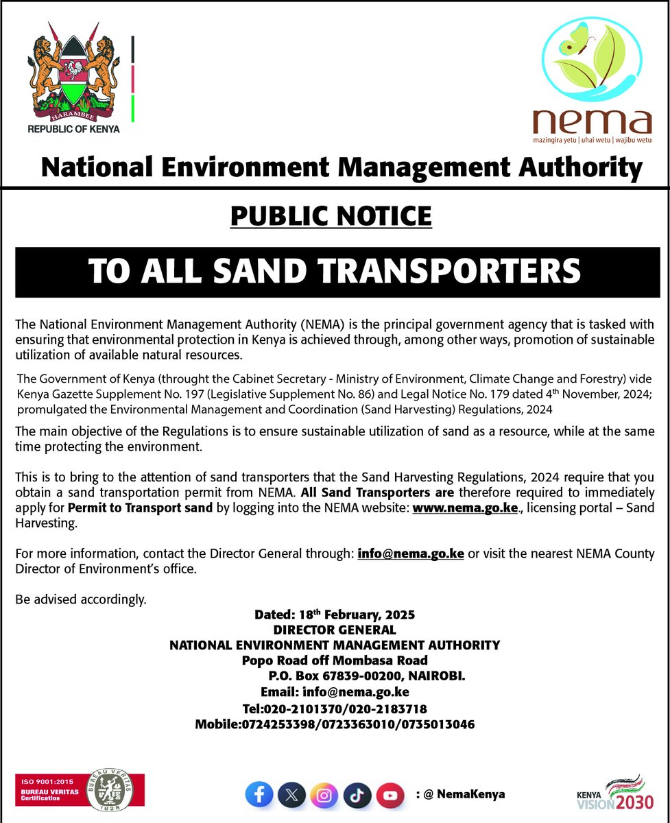 NemaKenya's tweet photo. Public Notice: To All Sand Transporters https://t.co/EsTvKaynqH
