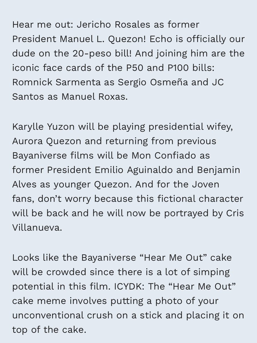kraken_mae's tweet photo. "Hear me out: #JerichoRosales as former President Manuel L. Quezon! Echo is officially our dude on the 20-peso bill! And joining him are the iconic face cards of the P50 and P100 bills: #RomnickSarmenta as Sergio Osmeña and #JCSantos as Manuel Roxas."

#bayaniverse #quezonmovie https://t.co/g94sW5NcFe