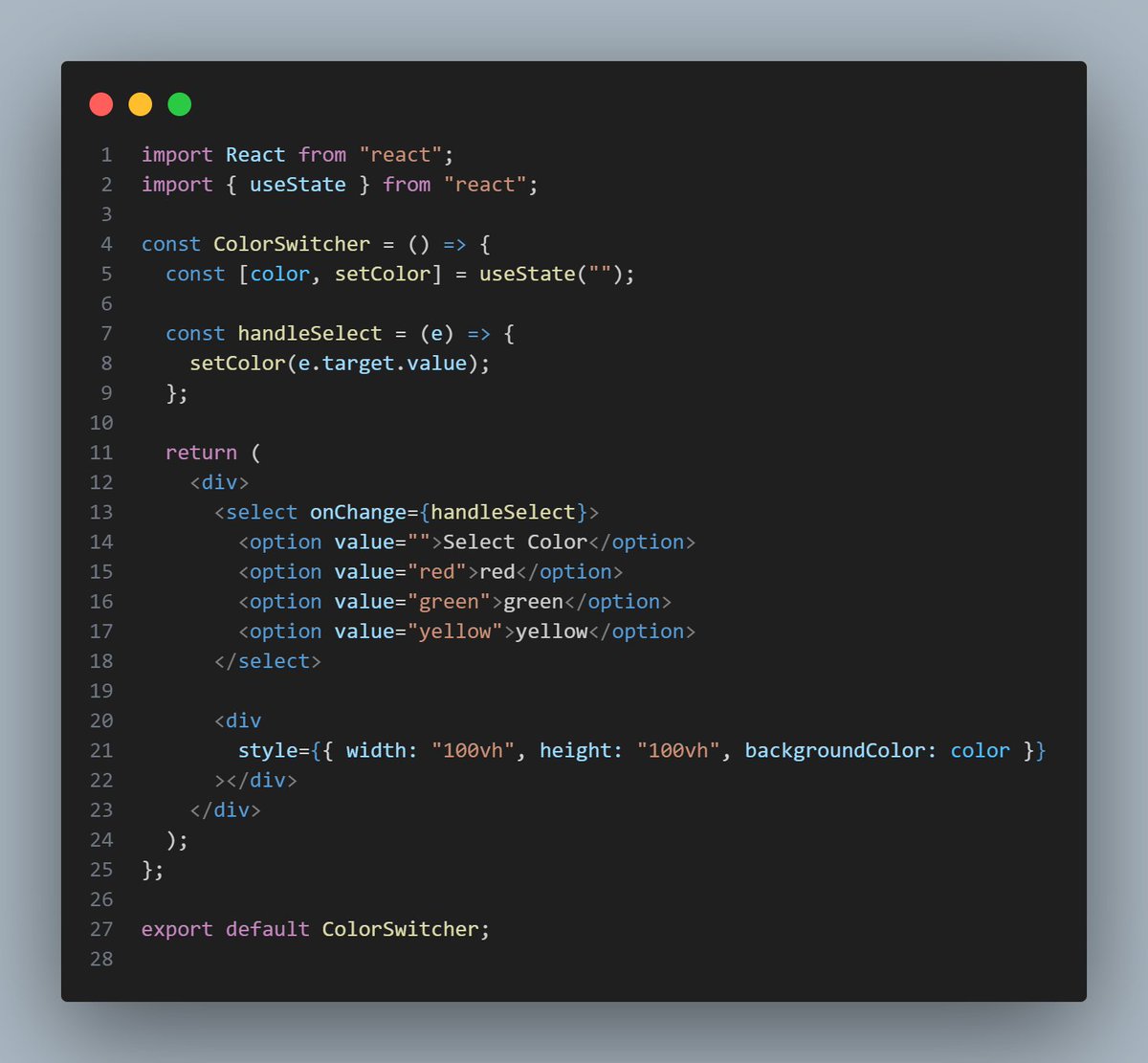 RakeshR35552020's tweet image. 🎨 Switch up your screen's vibe with this easy React Color Switcher! #React #WebDev #ColorfulCoding @kirat_tw @100xDevs