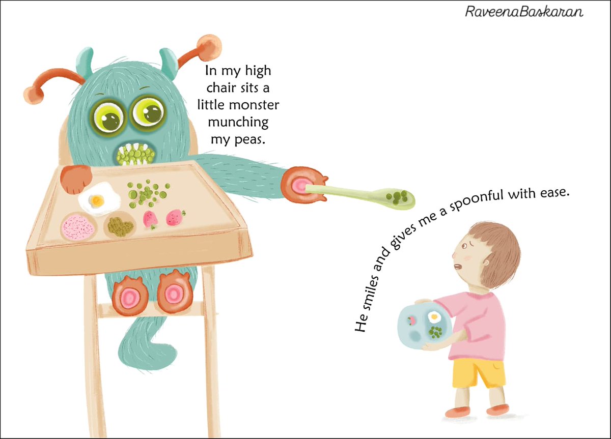 RaveenaBaskaran's tweet photo. Monster munching 🫛 sitting on my 🪑
#kidlitbooks #kidlitillustrator #kidlitillustration #kidlitillos #Illustration #illustratorlife #bookspread #ChildrensBooks #childrensbookartist #childrensillustrations https://t.co/v5SsDbfNoB